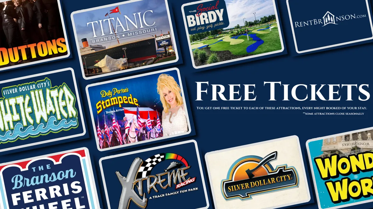 A vibrant interior wall or display featuring logos and images of Branson’s top attractions, including the 'Free Tickets' text and lively depictions of activities like theme parks and live performances. The image radiates excitement and family-friendly energy.